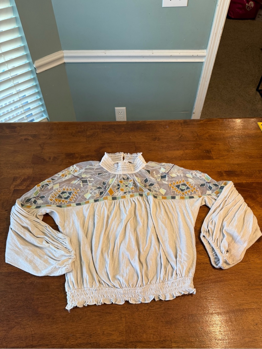 Free People Monday Morning Embroidered Blouse Mesh Mock Neck Cream Size Medium